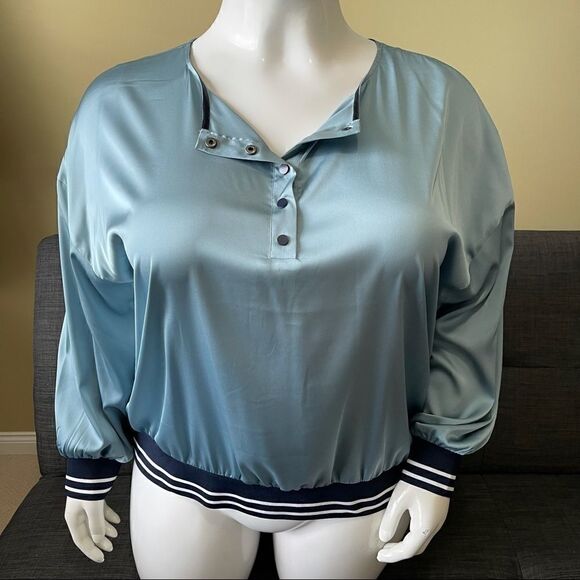 Blue Long Sleeve Varsity Hem Sateen Blouse - Picture 2 of 7